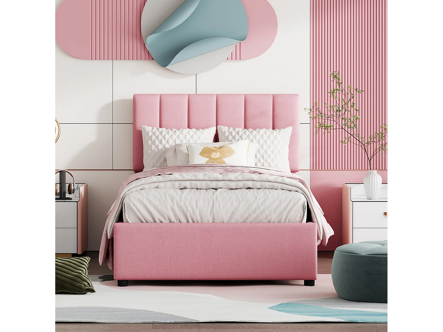 Kinderbed met hydraulische opbergruimte, roze linnen stof, zachte vulling, multifunctioneel (203x90x105cm)