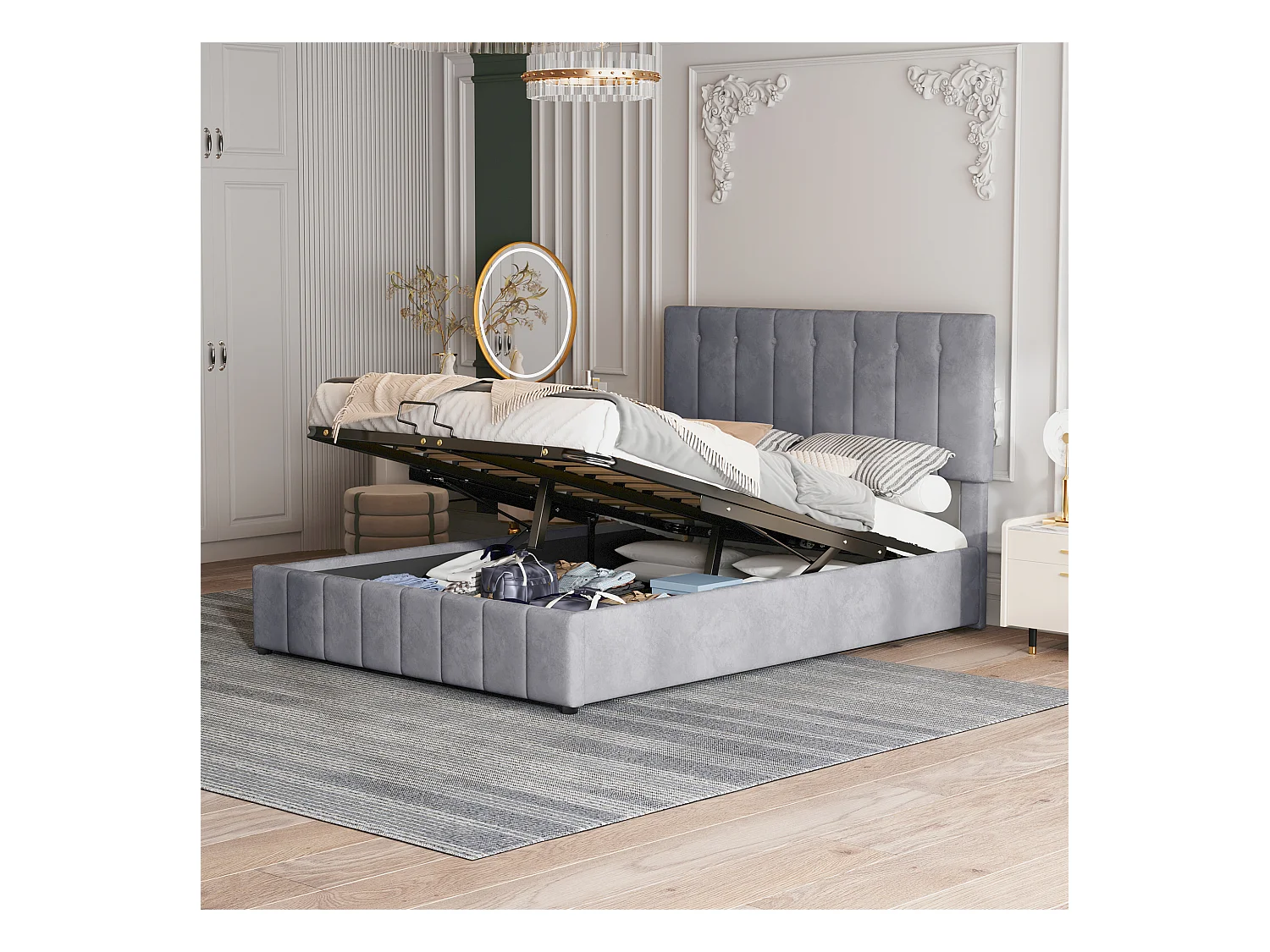 Lit 140x200cm avec rangement hydraulique, tête de lit réglable, sommier métal, velours gris (203x140x106cm)