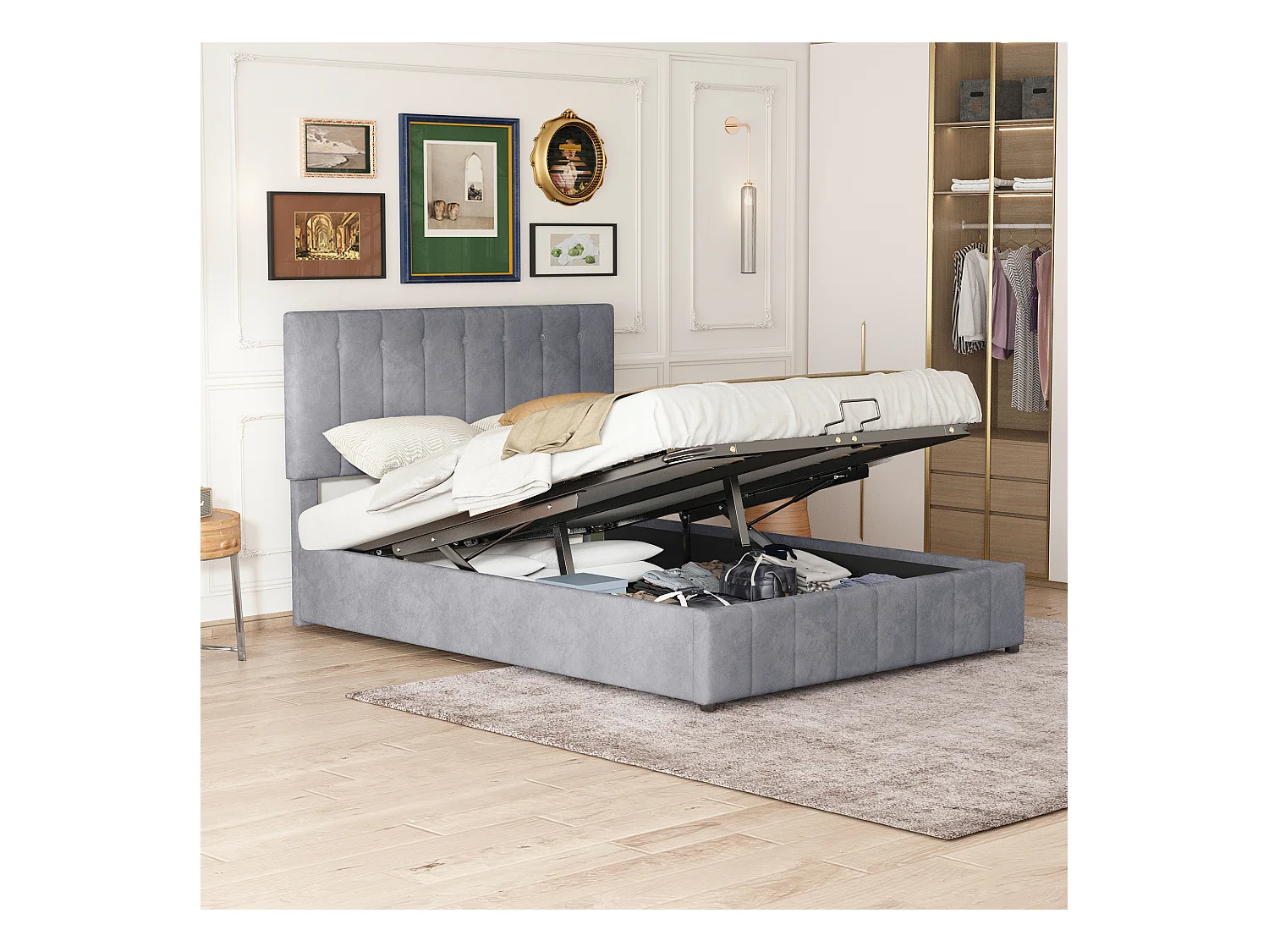 Lit 140x200cm avec rangement hydraulique, tête de lit réglable, sommier métal, velours gris (203x140x106cm)