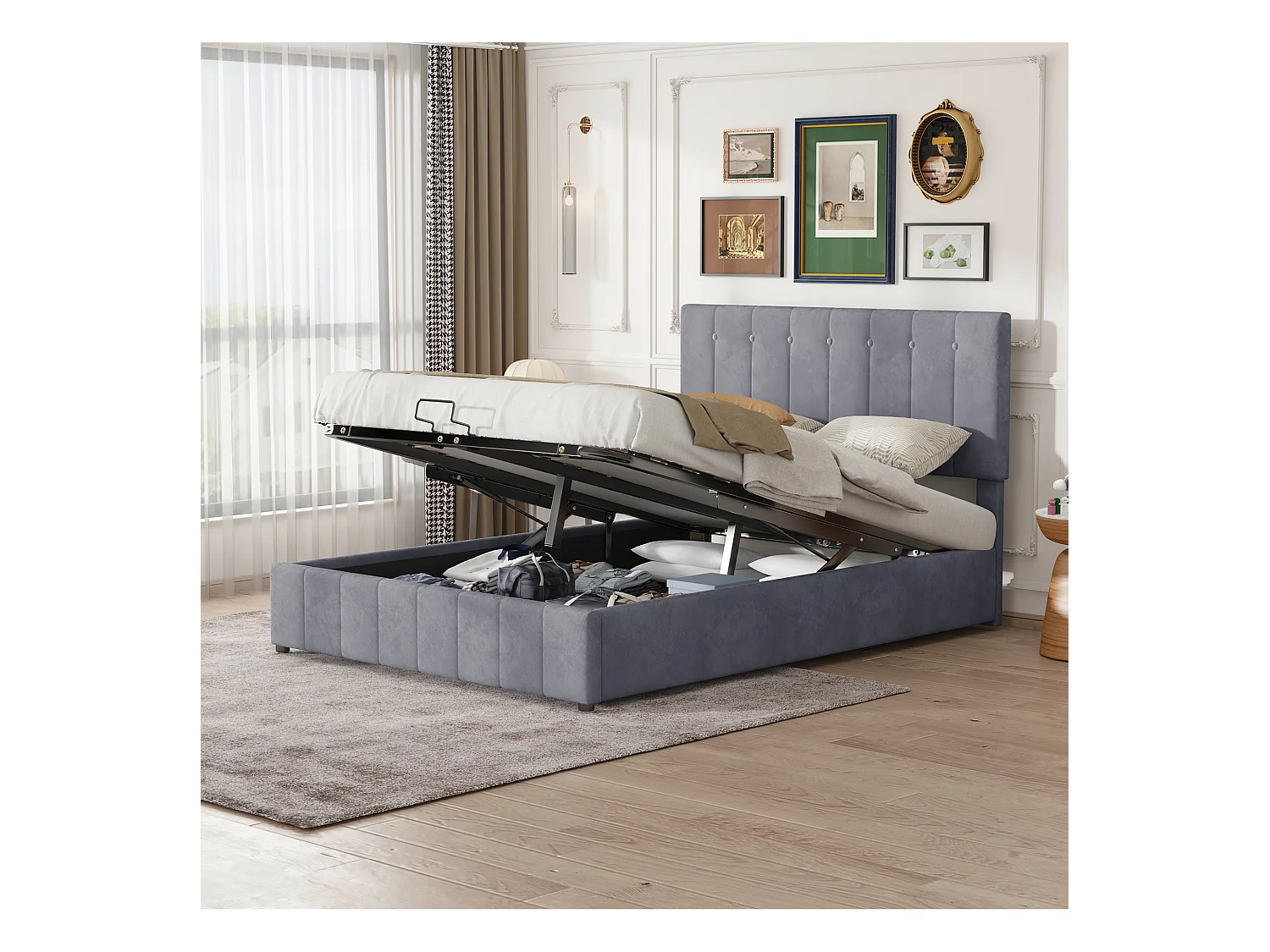 Lit 140x200cm avec rangement hydraulique, tête de lit réglable, sommier métal, velours gris (203x140x106cm)