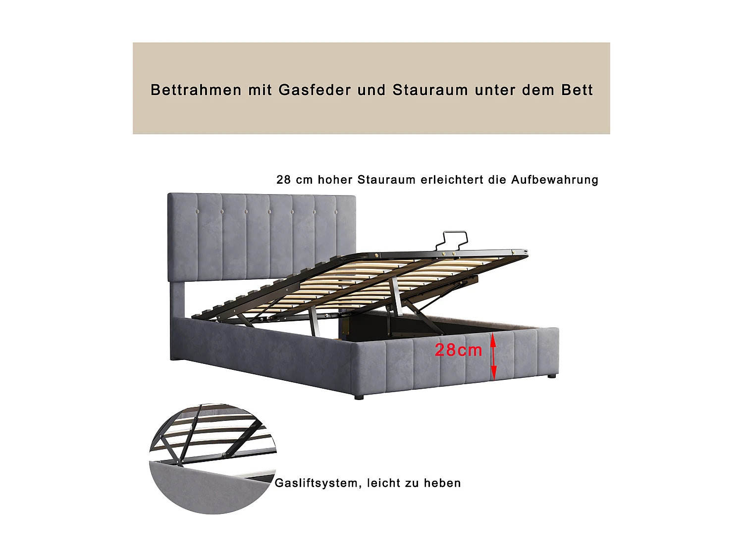 Lit 140x200cm avec rangement hydraulique, tête de lit réglable, sommier métal, velours gris (203x140x106cm)
