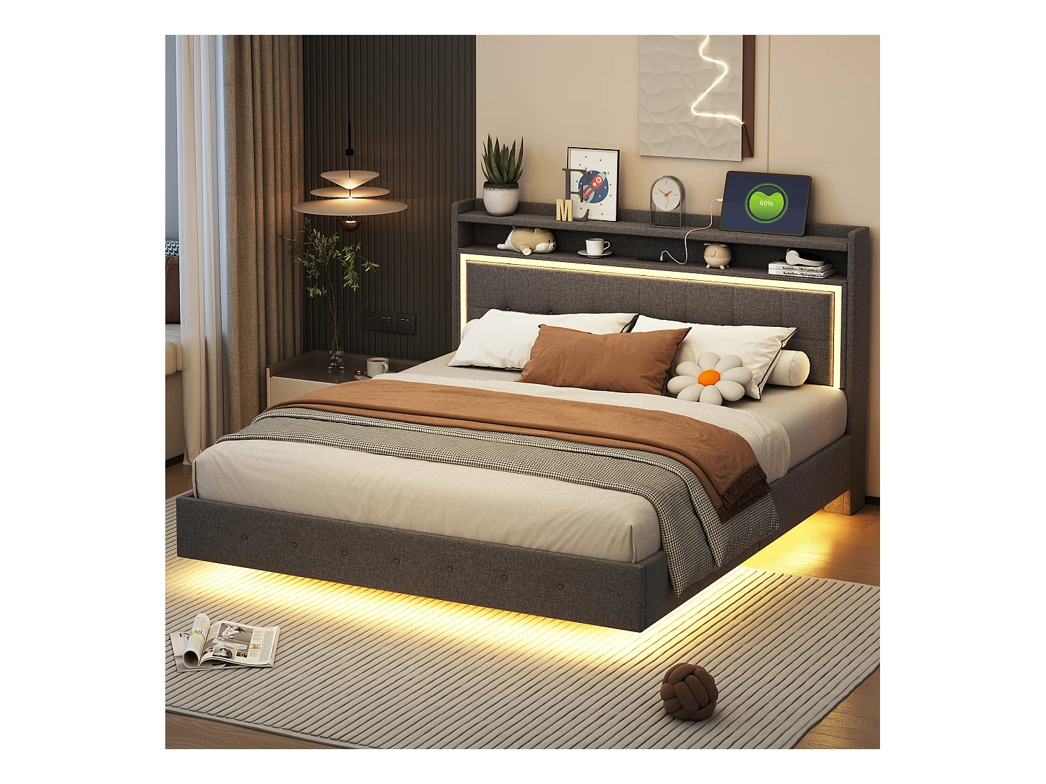 Lit 160x200 cm avec port USB et éclairage LED, cadre en lin avec tête de lit ajustable, couleur grise (203x144x100 cm)