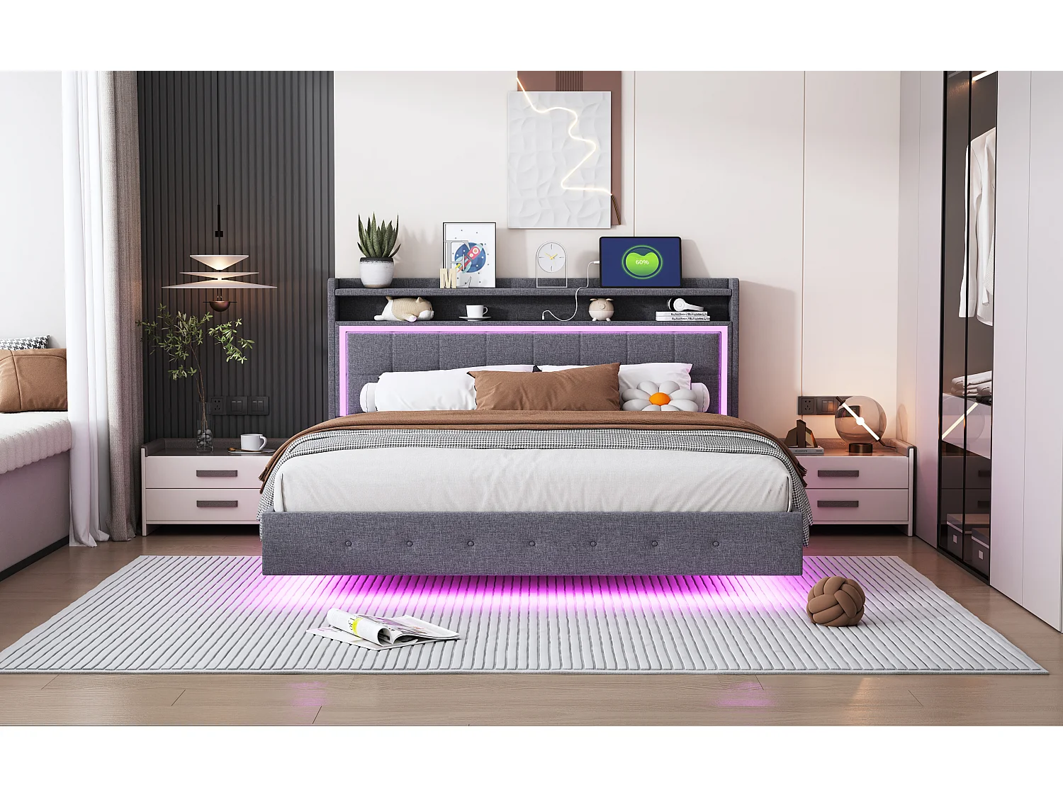 Lit 160x200 cm avec port USB et éclairage LED, cadre en lin avec tête de lit ajustable, couleur grise (203x144x100 cm)