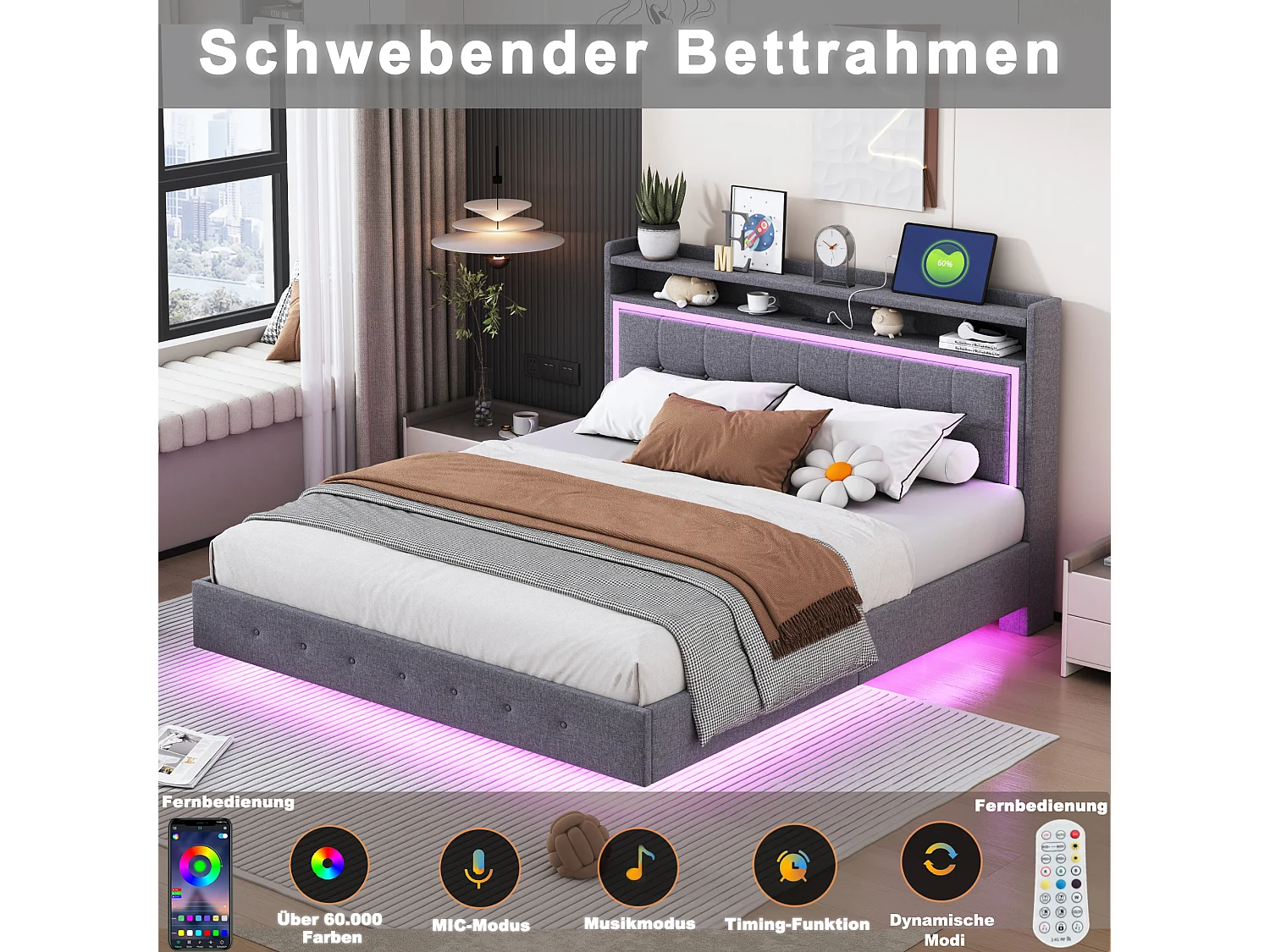 Lit 160x200 cm avec port USB et éclairage LED, cadre en lin avec tête de lit ajustable, couleur grise (203x144x100 cm)