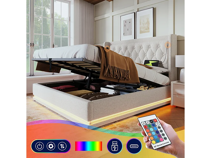 Lit double 140\200 cm, beige coton, avec rangement hydraulique, tête de lit USB Type-C et fonction LED 3 côtés (sans matelas)