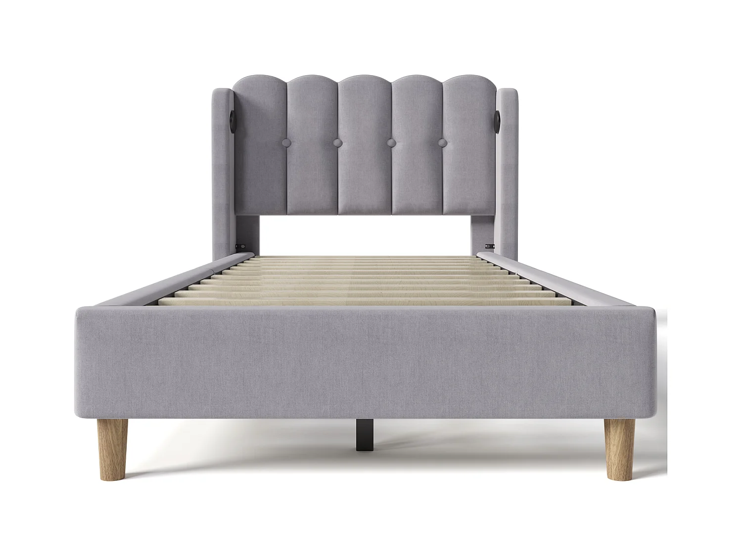 Lit simple avec fonction charge USB Type C, cadre en lin gris, sommier bois (103x208x103cm)