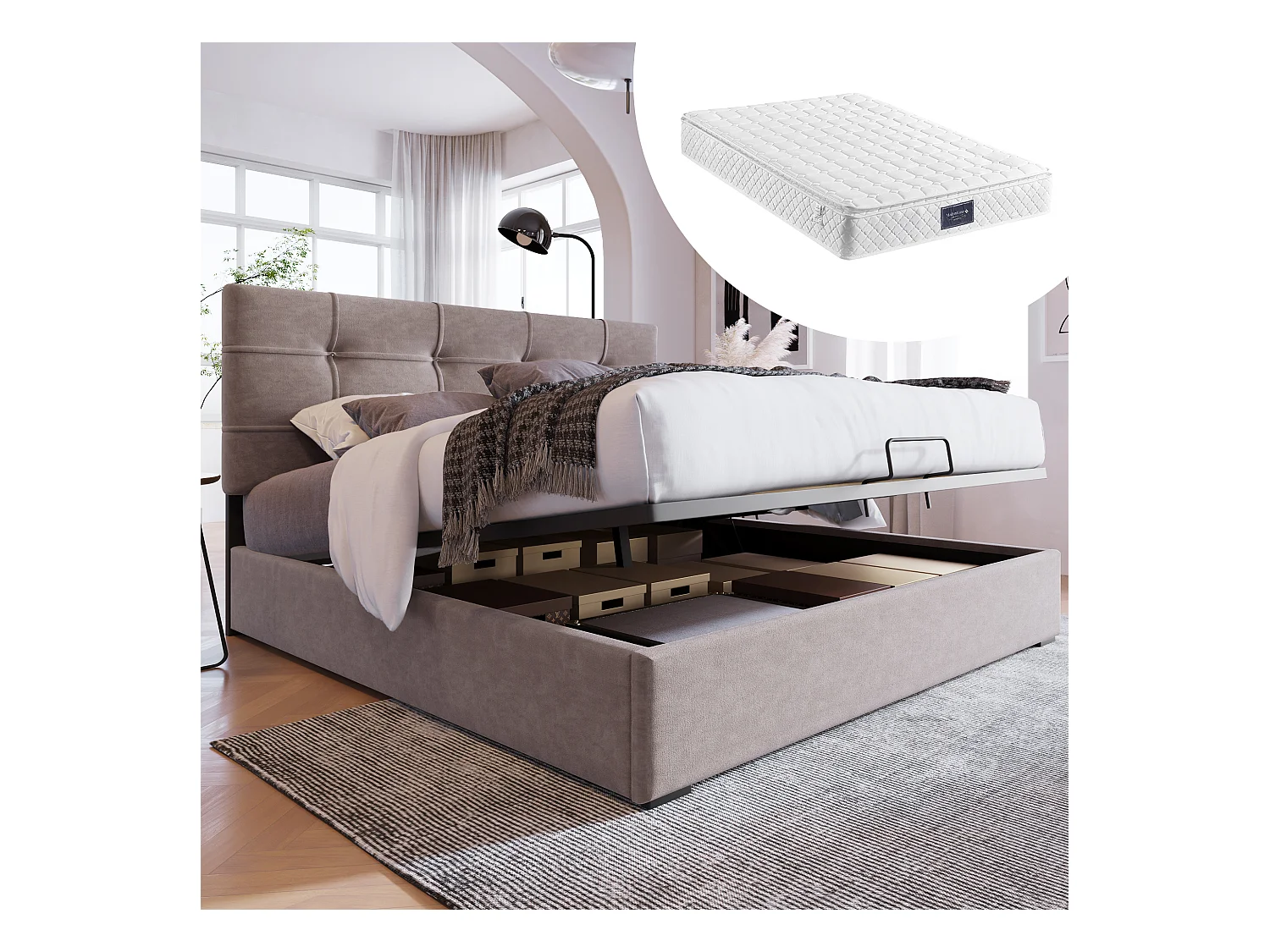 Lit hydraulique avec tête de lit réglable, PU cuir, matelas inclus, gris clair, avec rangement et sommier à lattes (140x200 cm)