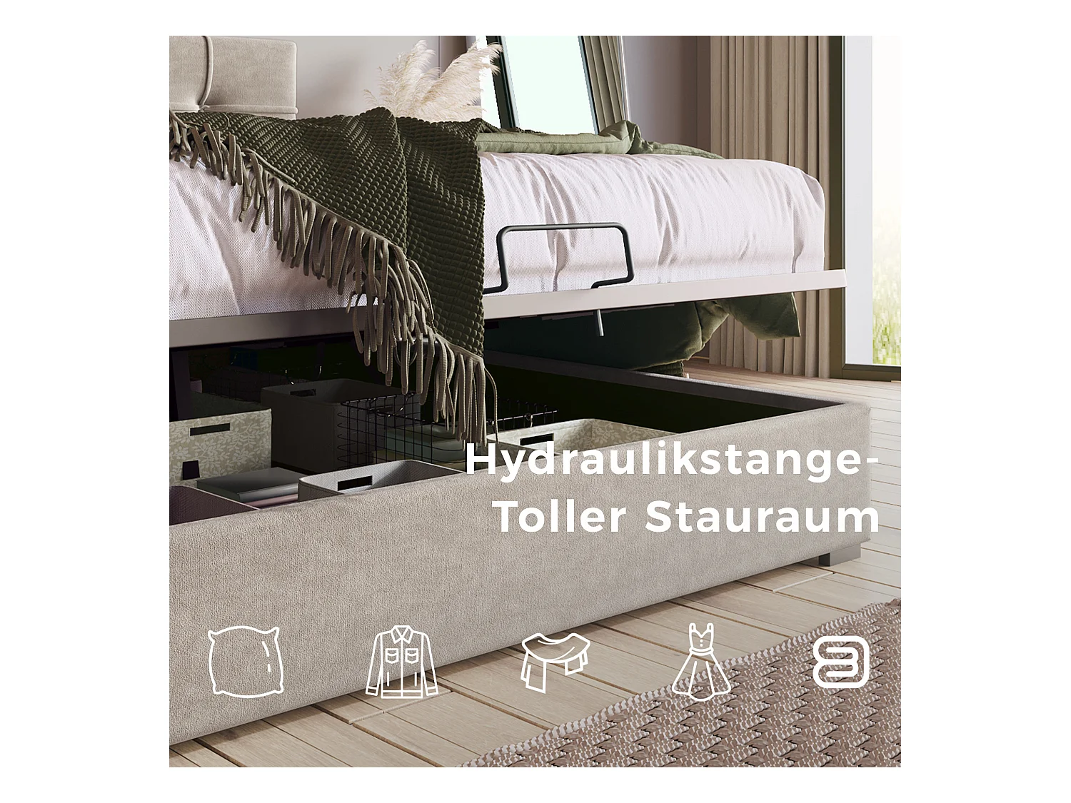 Lit hydraulique avec tête de lit réglable, PU cuir, matelas inclus, gris clair, avec rangement et sommier à lattes (140x200 cm)