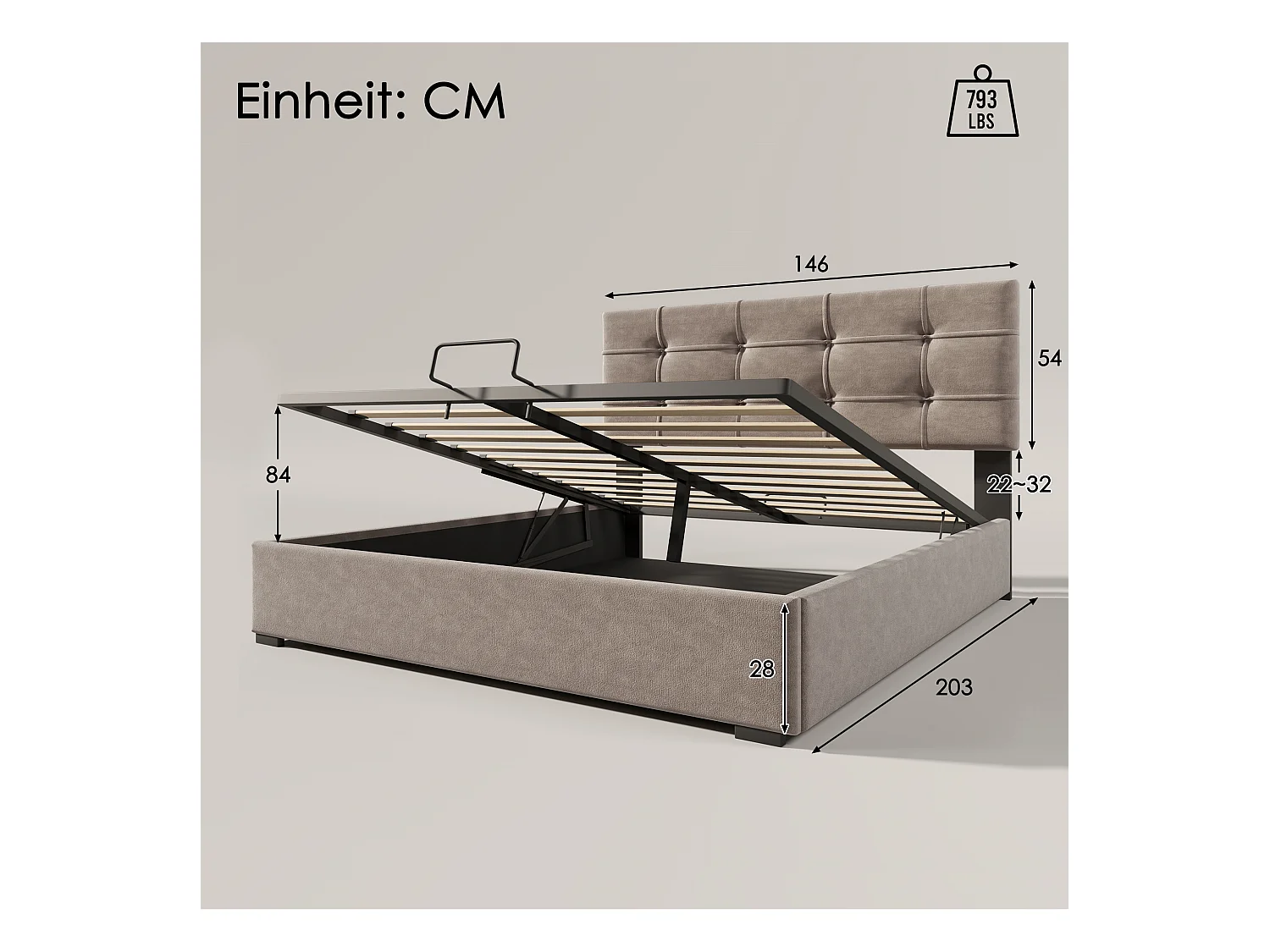 Lit hydraulique avec tête de lit réglable, PU cuir, matelas inclus, gris clair, avec rangement et sommier à lattes (140x200 cm)