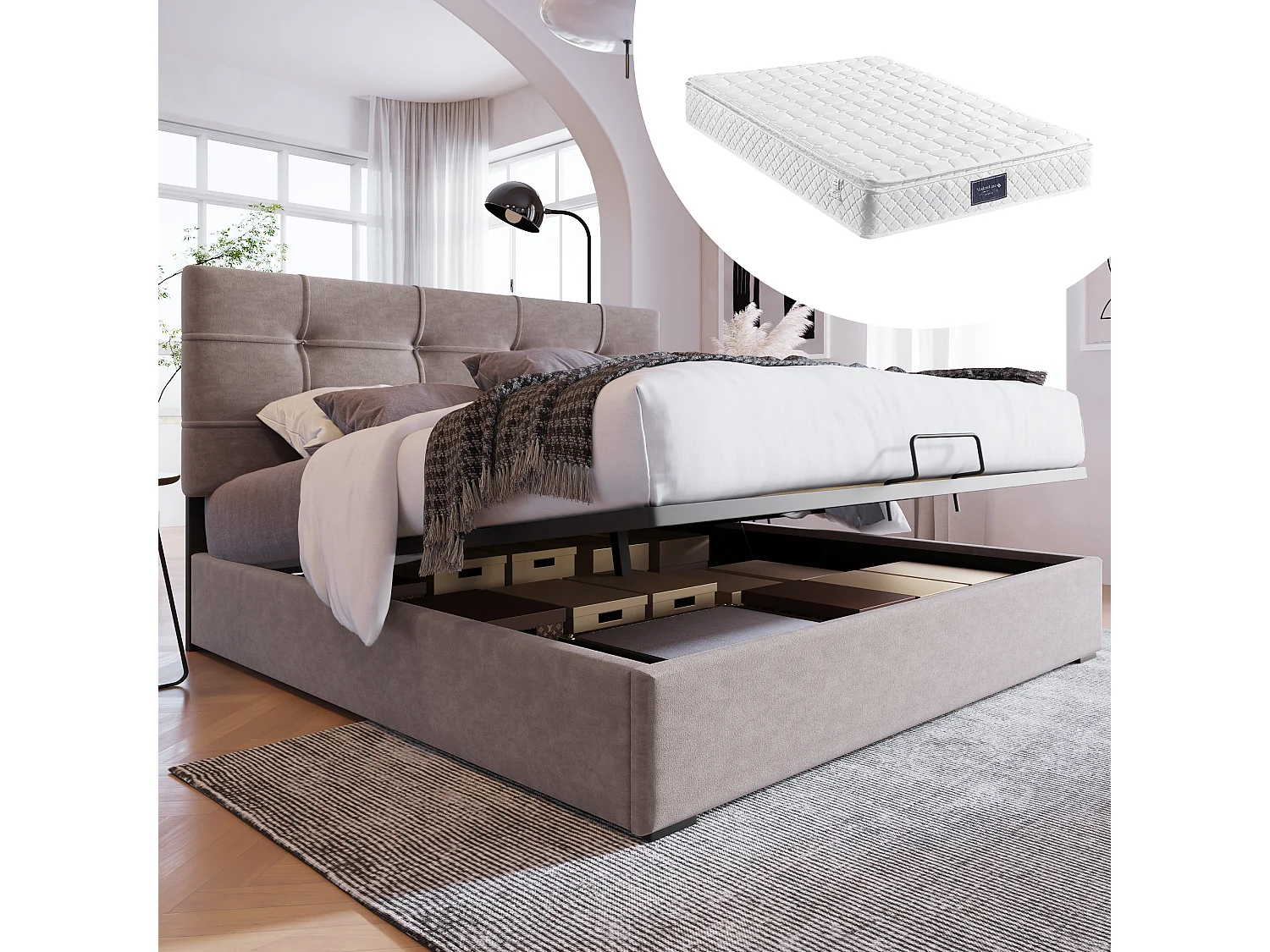 Lit hydraulique avec tête de lit réglable, PU cuir, matelas inclus, gris clair, avec rangement et sommier à lattes (140x200 cm)