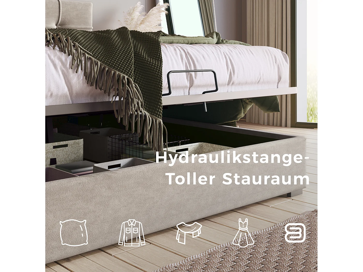 Lit hydraulique avec tête de lit réglable, PU cuir, matelas inclus, gris clair, avec rangement et sommier à lattes (140x200 cm)