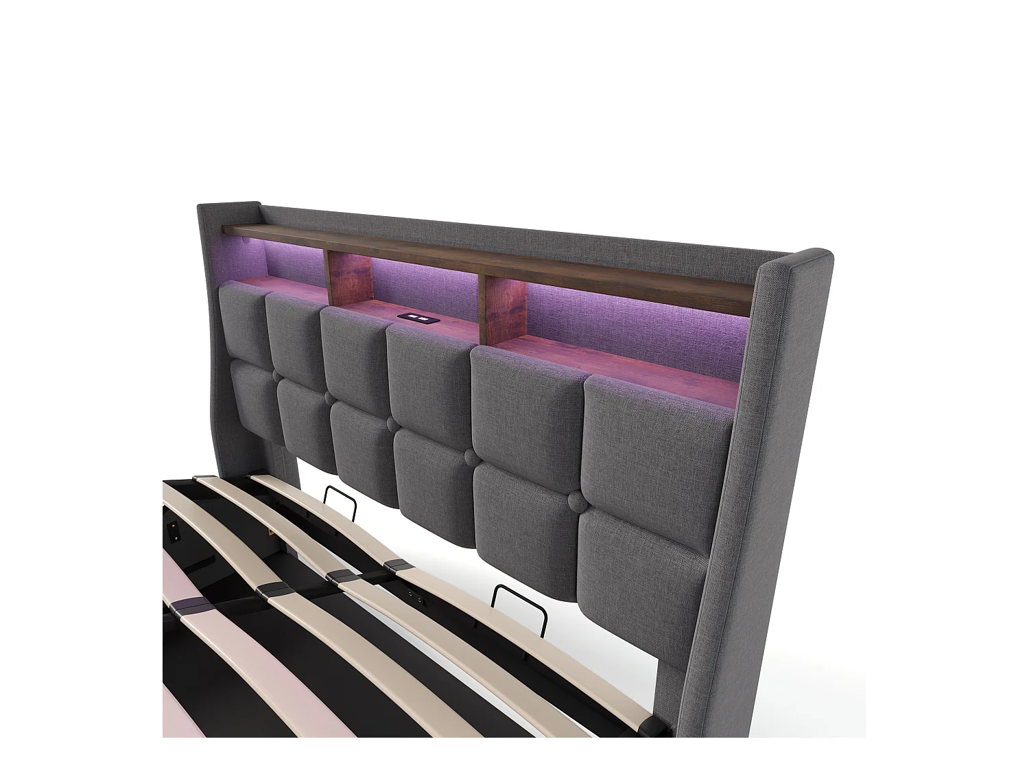 Lit avec LED, USB, 160x200 cm, cadre en lin avec sommier à lattes en métal, lit double avec tête de lit, beige (Dimensions : 165x210x117 cm)