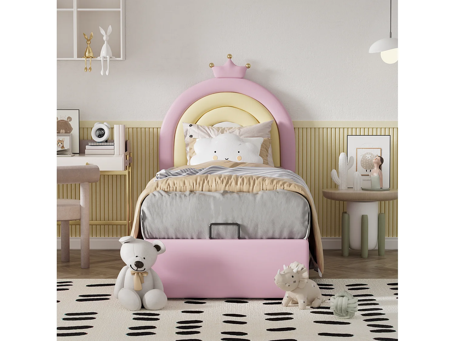 Lit hydraulique 90x200 cm, avec tête de lit ajustable, lattenrost et espace de rangement, PU rose (90x200x125/131 cm)  ### Product Details: