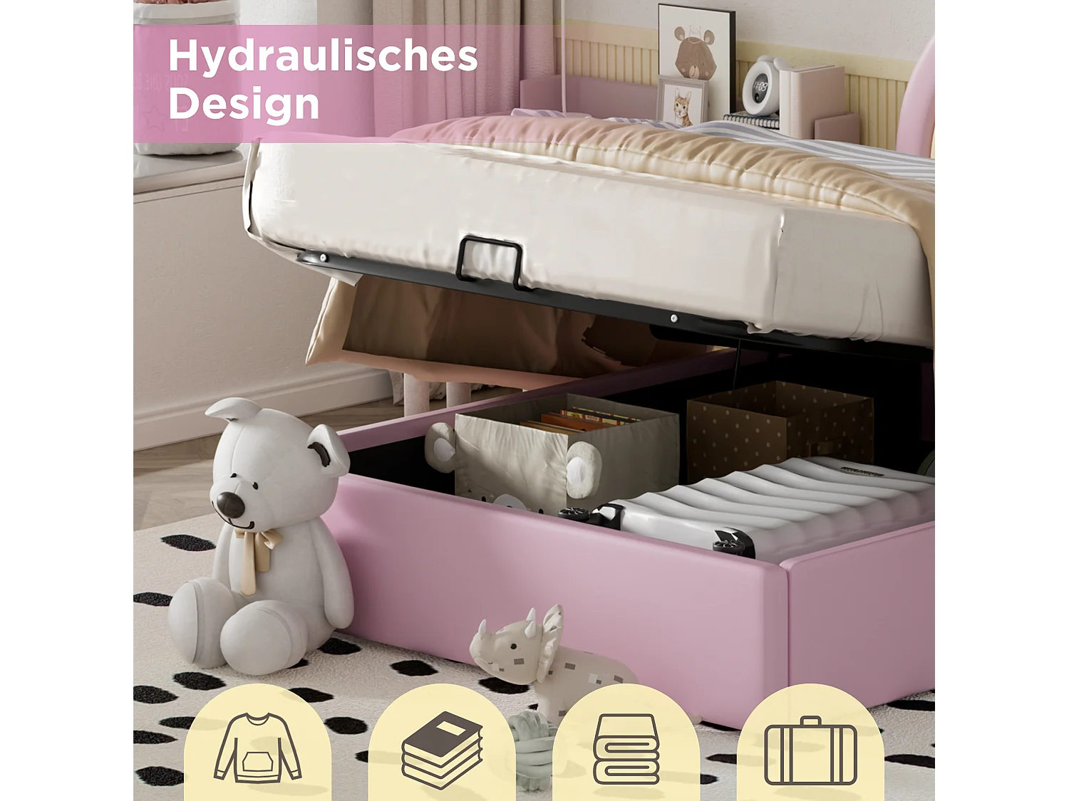 Lit hydraulique 90x200 cm, avec tête de lit ajustable, lattenrost et espace de rangement, PU rose (90x200x125/131 cm)  ### Product Details: