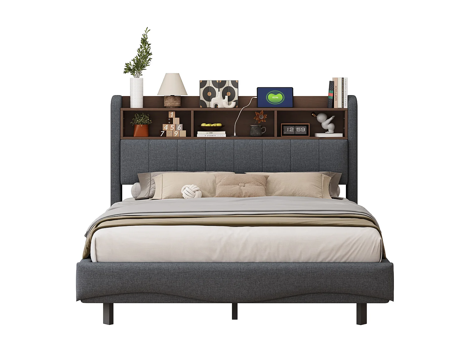 Lit suspendu 140x200 cm avec LED et prises USB & Type-C, en lin, design moderne avec rangement (211.5x140x110.5 cm)