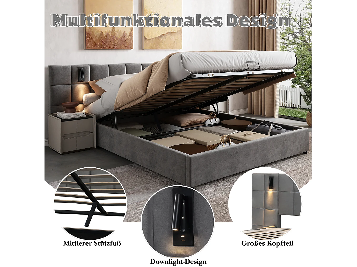 Lit capitonné 140x200 cm, avec rangement hydraulique, lampe directionnelle et USB, tête de lit rembourrée en mousse, motif à carreaux, en métal, gris (140x200 cm)