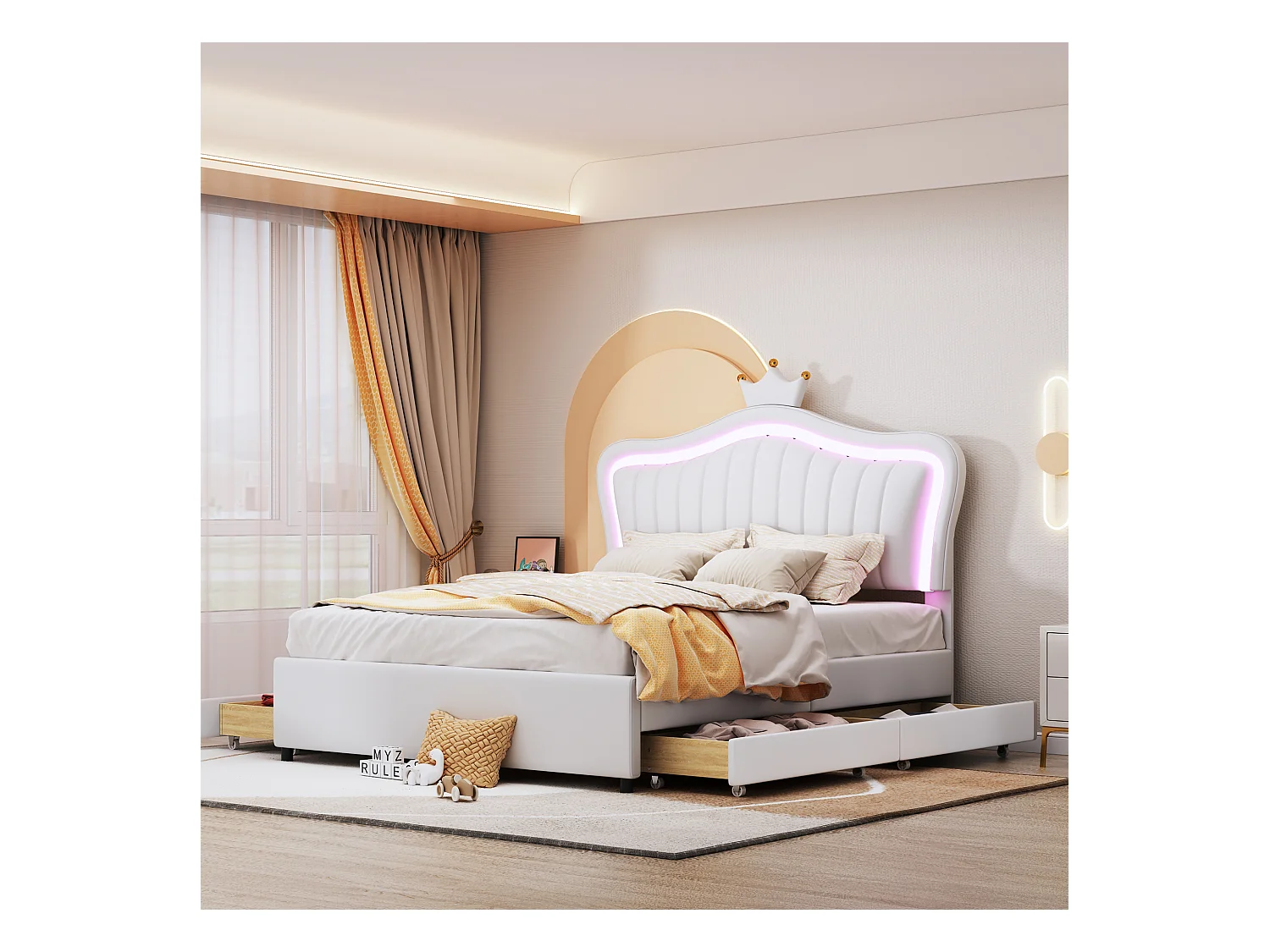 Lit enfant 140x200 cm, coffre à tiroirs hydraulique, cadre PU cuir blanc couronne, LED intégrées, sommier à lattes (203.5x150x130.5 cm)