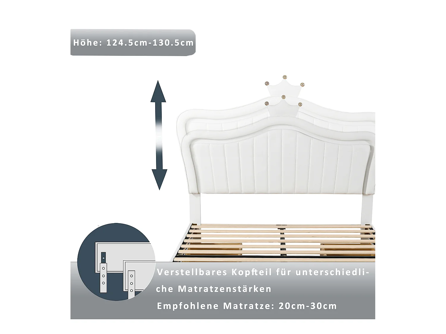 Lit enfant 140x200 cm, coffre à tiroirs hydraulique, cadre PU cuir blanc couronne, LED intégrées, sommier à lattes (203.5x150x130.5 cm)