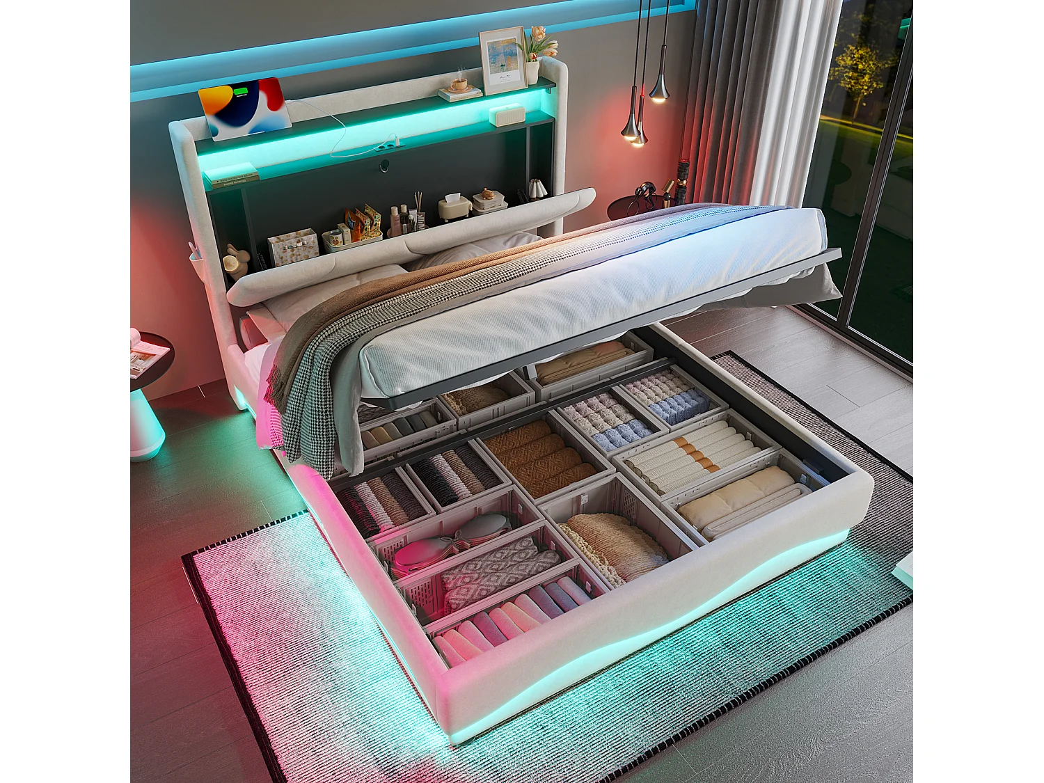 Modern bed met LED-hoofdbord, beige fluweel, 140x200 cm, opbergvak, USB-stick en zijvakken (149x222x150 cm)