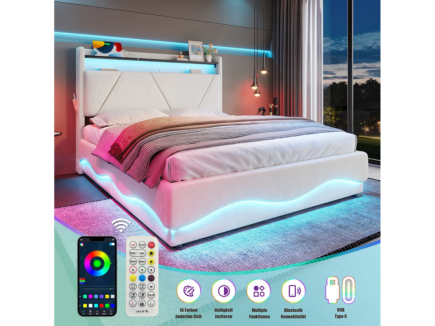 Modern bed met LED-hoofdbord, beige fluweel, 140x200 cm, opbergvak, USB-stick en zijvakken (149x222x150 cm)