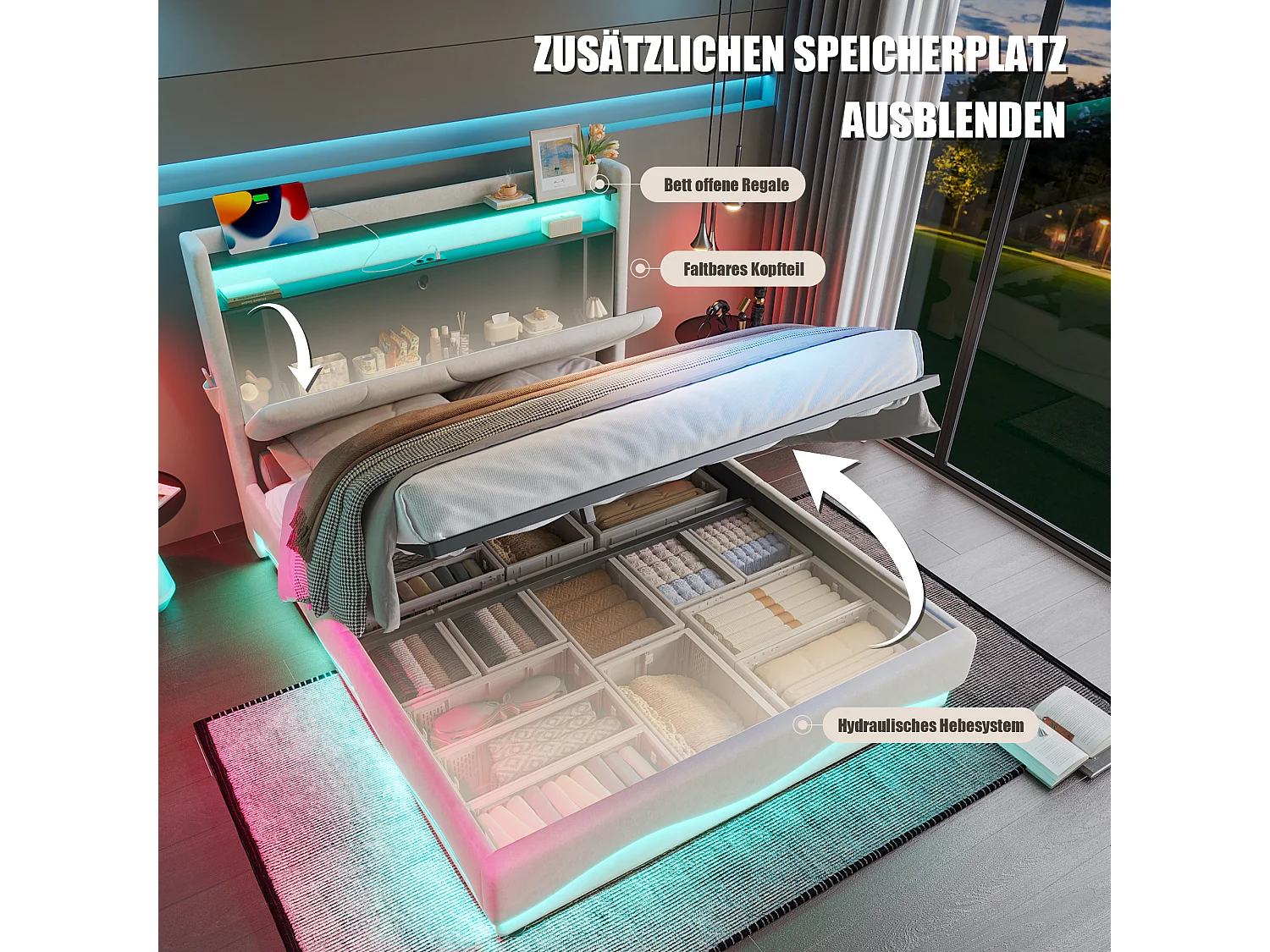 Modern bed met LED-hoofdbord, beige fluweel, 140x200 cm, opbergvak, USB-stick en zijvakken (149x222x150 cm)