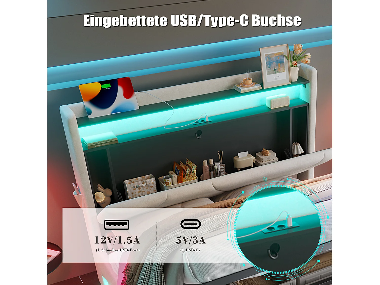 Modern bed met LED-hoofdbord, beige fluweel, 140x200 cm, opbergvak, USB-stick en zijvakken (149x222x150 cm)