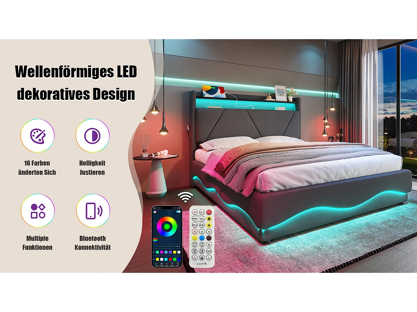 Modern bed met LED-hoofdbord, beige fluweel, 140x200 cm, opbergvak, USB-stick en zijvakken (149x222x150 cm)