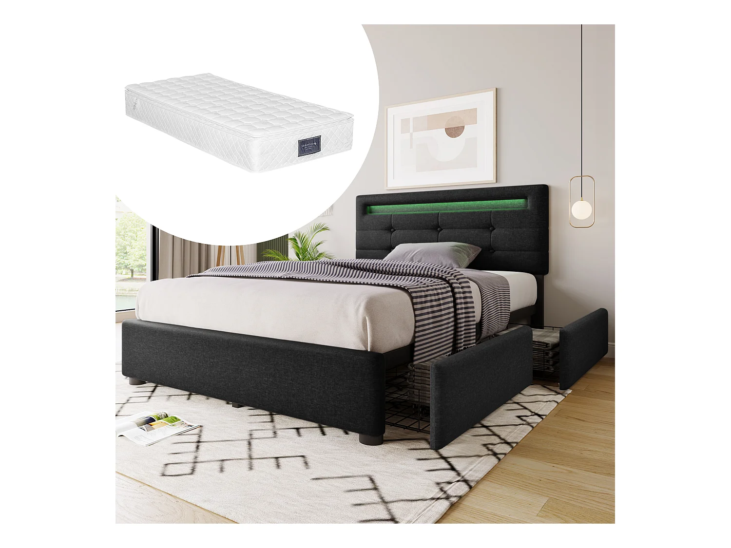 Lit simple avec LED, 2 tiroirs, matelas inclus, sommier bois, tête de lit réglable, revêtement lin noir (100.5x208x93.5-103 cm)