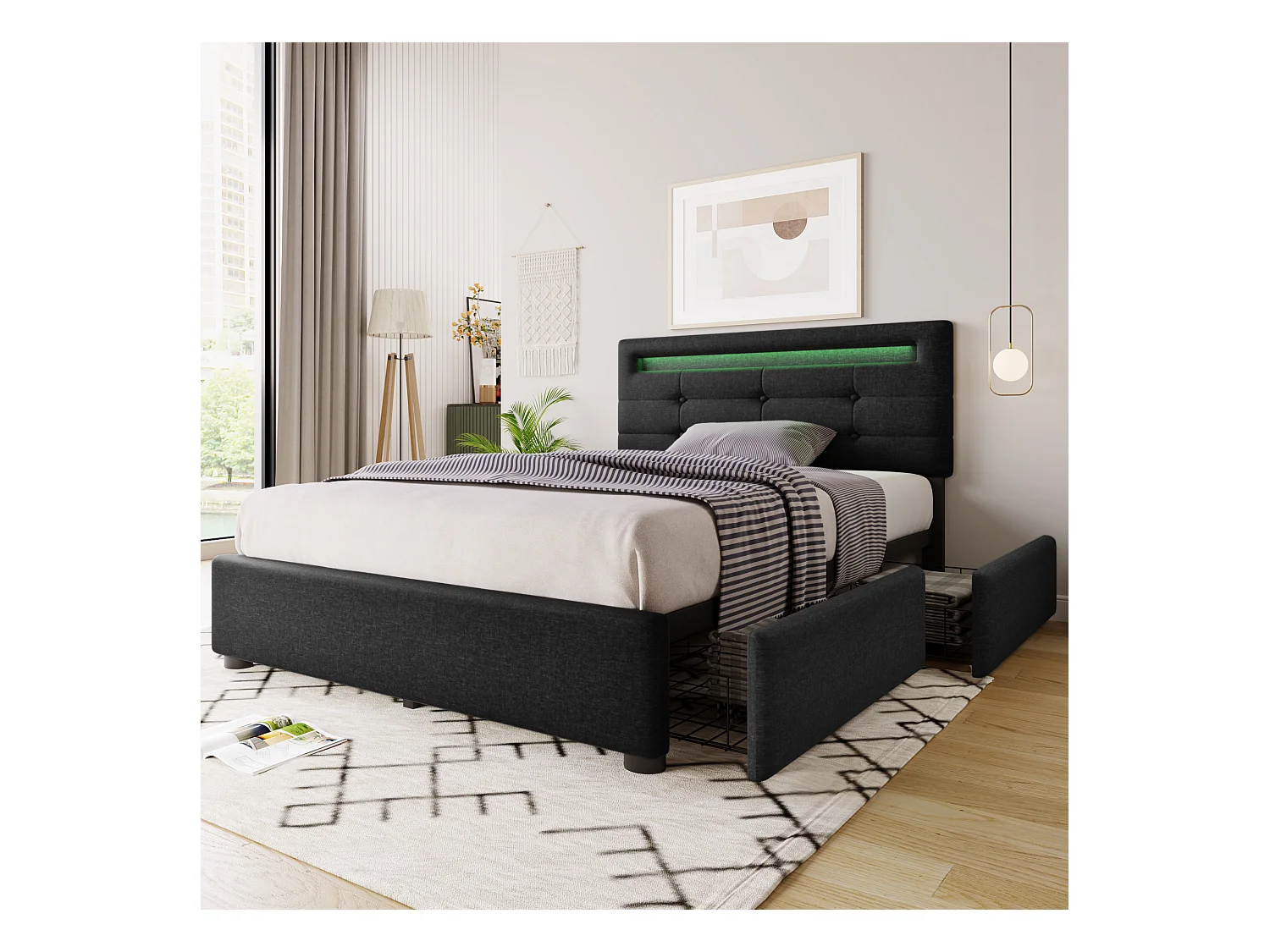 Lit simple avec LED, 2 tiroirs, matelas inclus, sommier bois, tête de lit réglable, revêtement lin noir (100.5x208x93.5-103 cm)