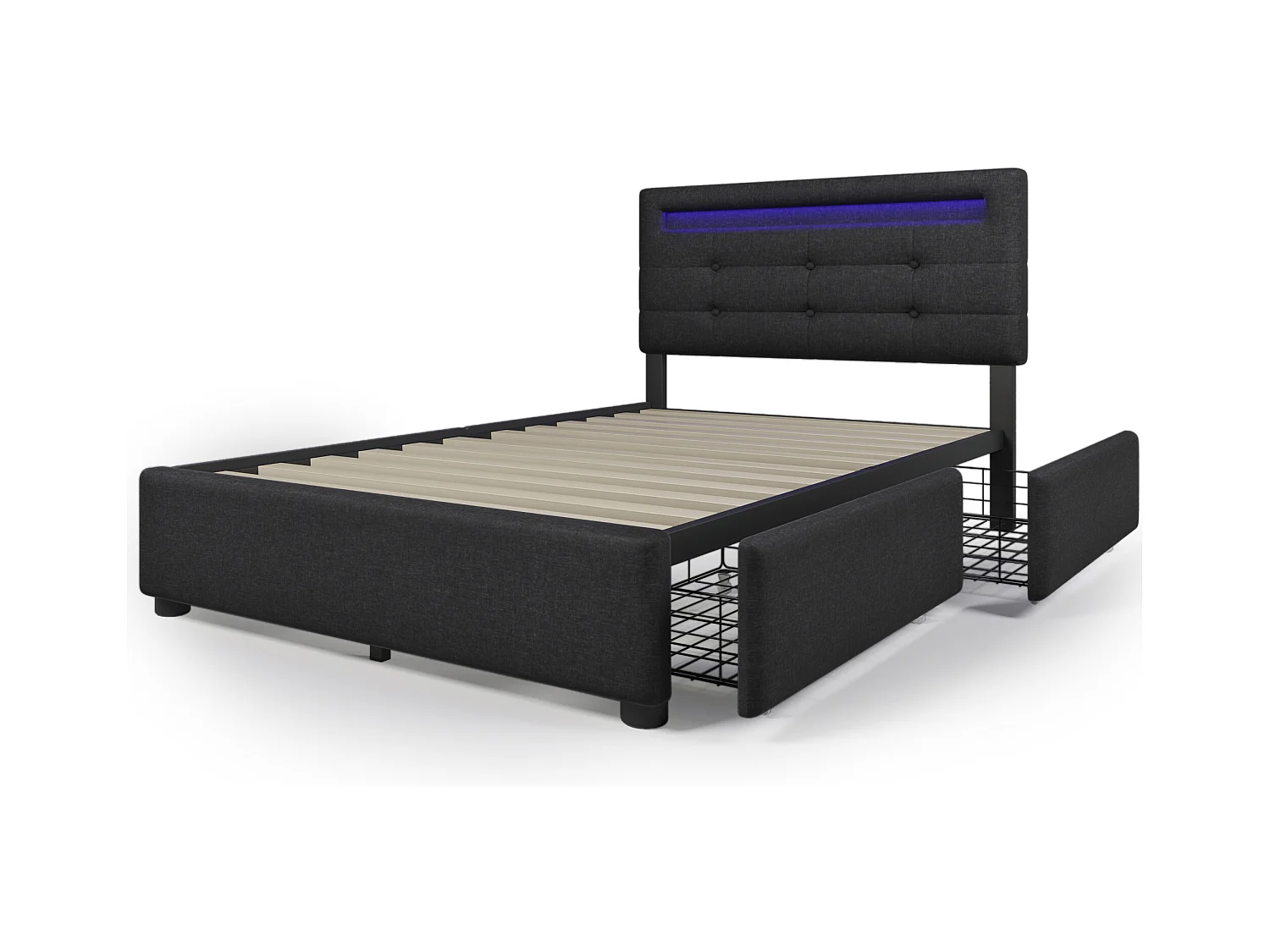Lit simple avec LED, 2 tiroirs, matelas inclus, sommier bois, tête de lit réglable, revêtement lin noir (100.5x208x93.5-103 cm)
