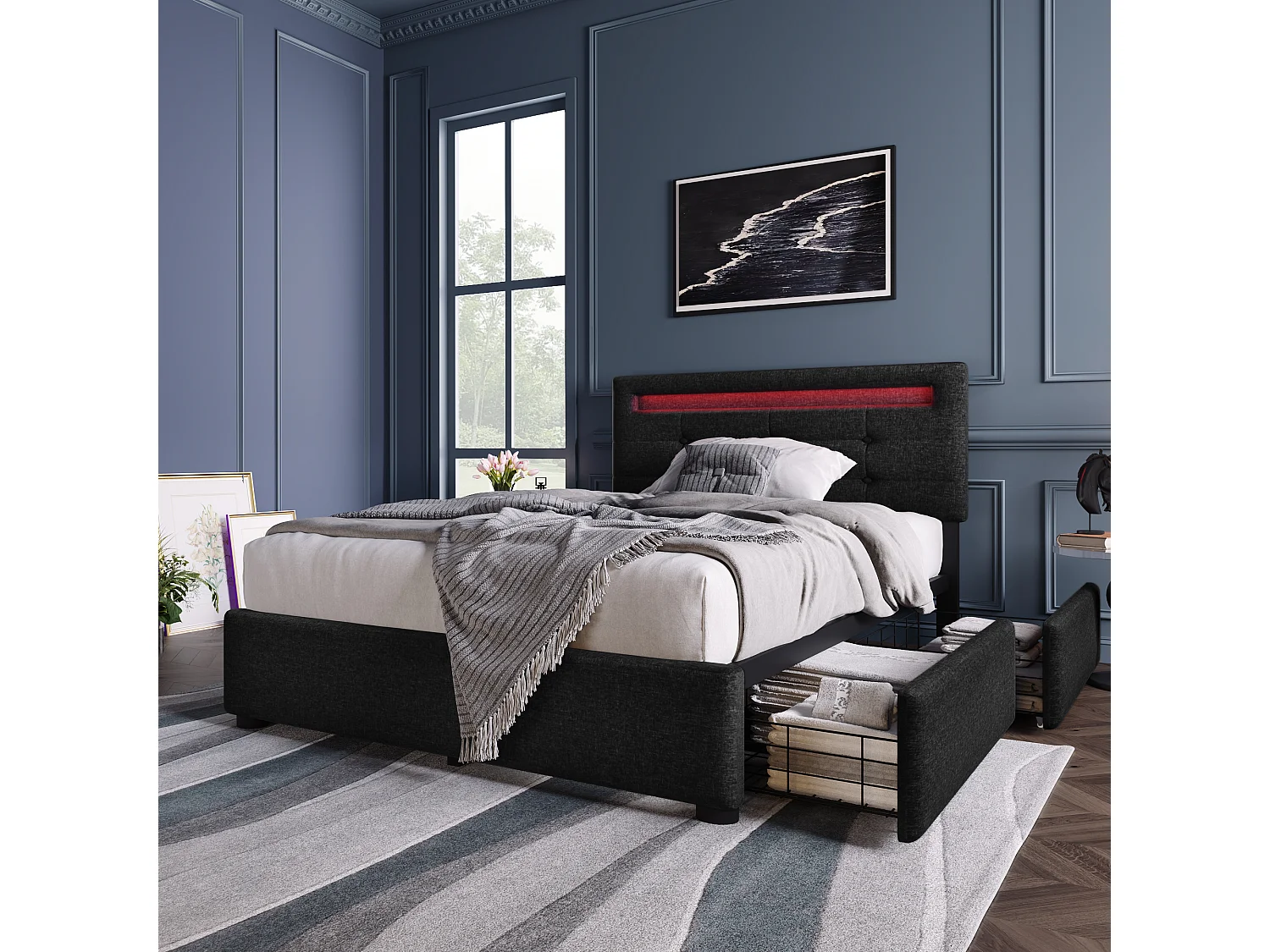 Lit simple avec LED, 2 tiroirs, matelas inclus, sommier bois, tête de lit réglable, revêtement lin noir (100.5x208x93.5-103 cm)