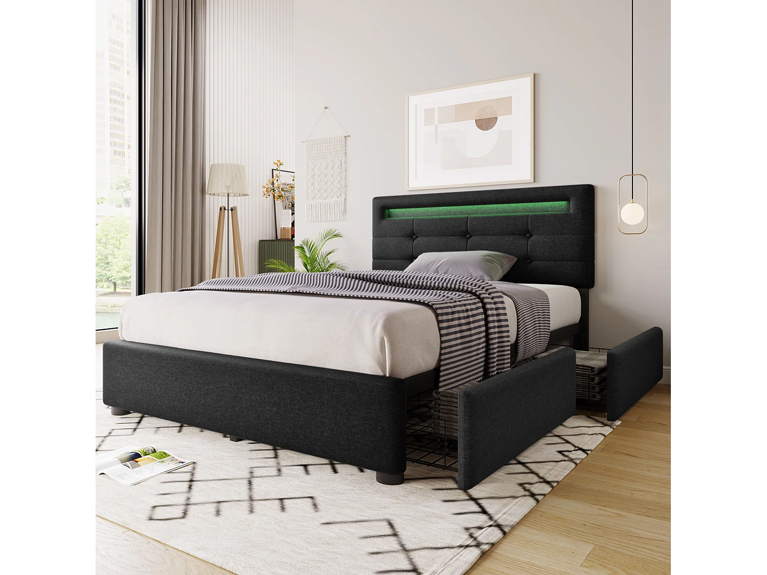 Lit simple avec LED, 2 tiroirs, matelas inclus, sommier bois, tête de lit réglable, revêtement lin noir (100.5x208x93.5-103 cm)