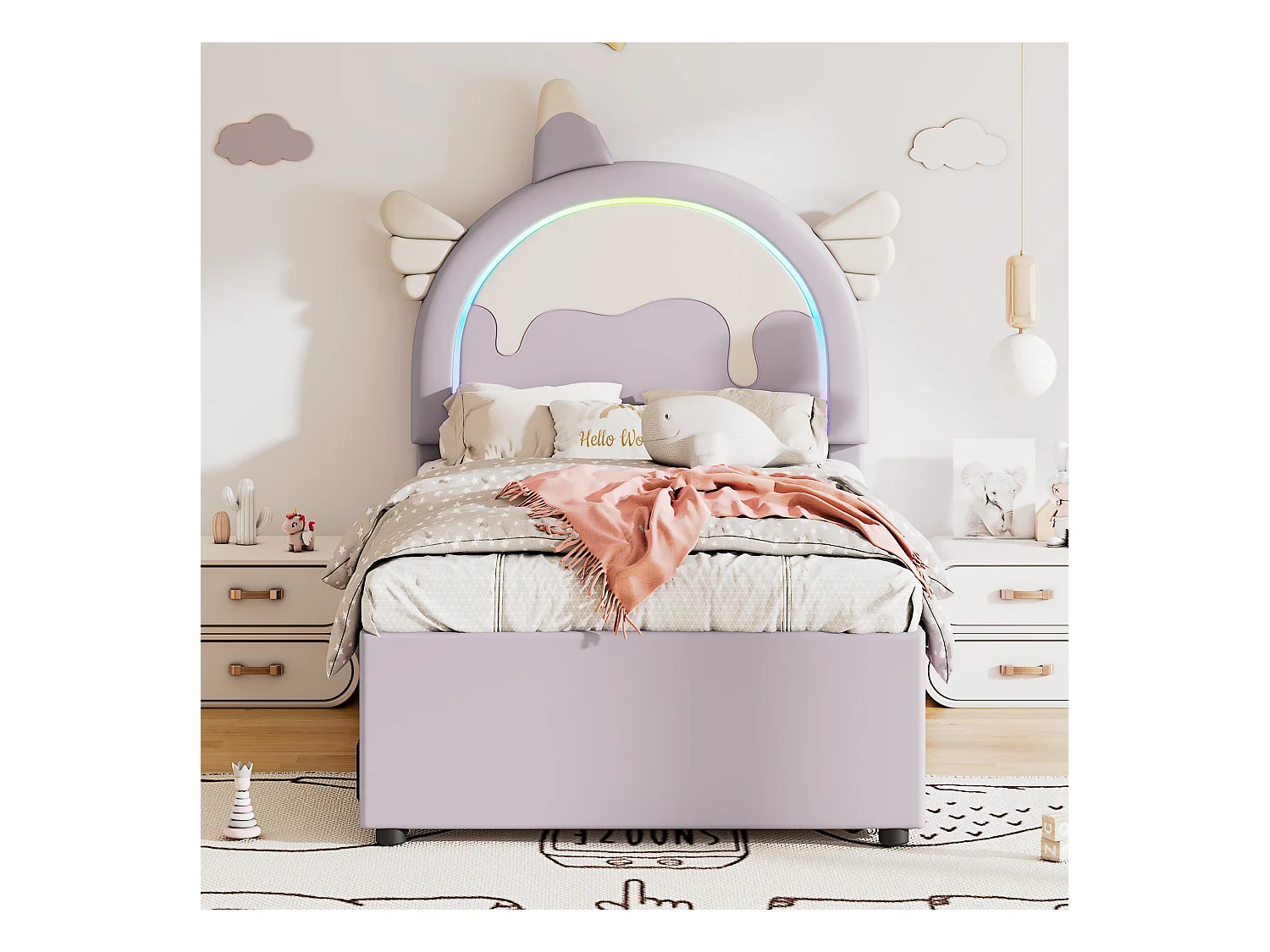 Kinderbed 90x200 cm, eenhoornmotief, met uitschuifbed, PU, paars (203x94x135,5 cm)