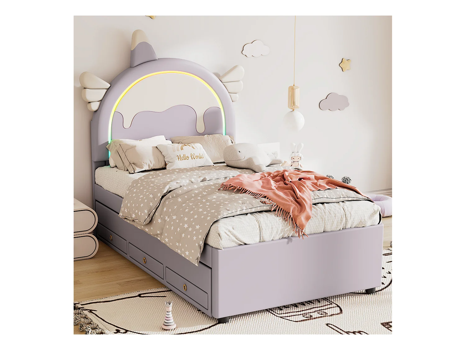 Kinderbed 90x200 cm, eenhoornmotief, met uitschuifbed, PU, paars (203x94x135,5 cm)