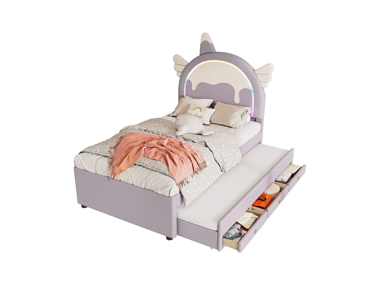 Kinderbed 90x200 cm, eenhoornmotief, met uitschuifbed, PU, paars (203x94x135,5 cm)
