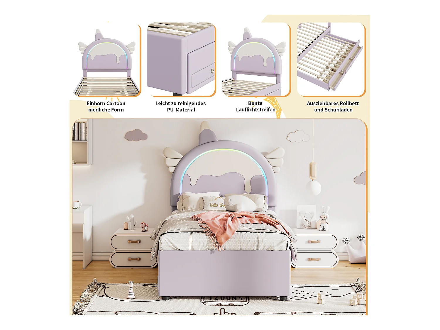 Kinderbed 90x200 cm, eenhoornmotief, met uitschuifbed, PU, paars (203x94x135,5 cm)