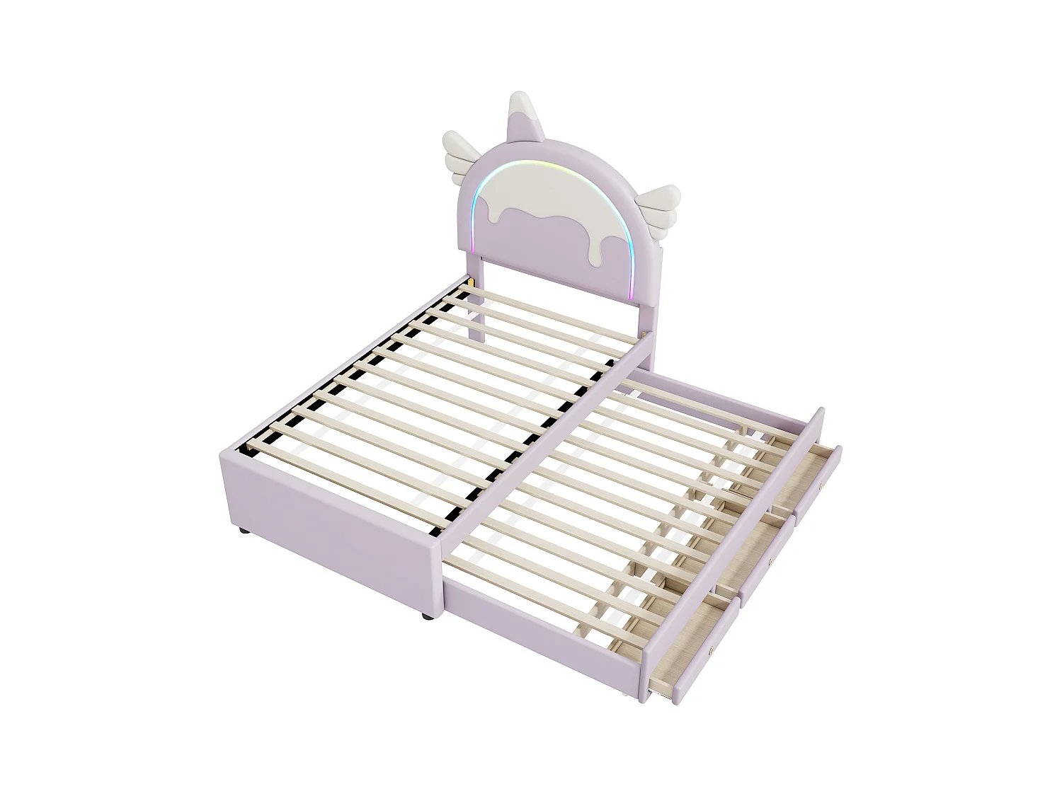 Kinderbed 90x200 cm, eenhoornmotief, met uitschuifbed, PU, paars (203x94x135,5 cm)