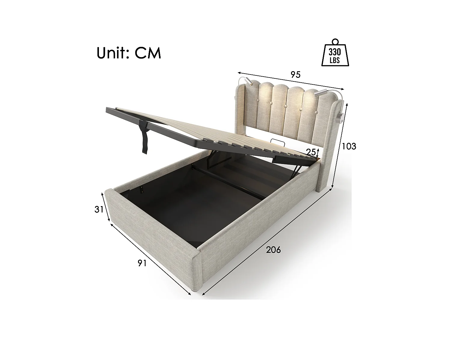Letto singolo con luce di lettura e funzione di ricarica, struttura in lino beige, contenitore integrato, 90x200x95cm