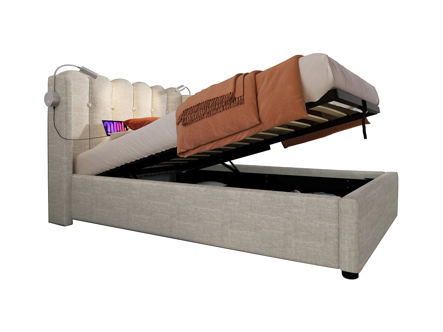 Letto singolo con luce di lettura e funzione di ricarica, struttura in lino beige, contenitore integrato, 90x200x95cm