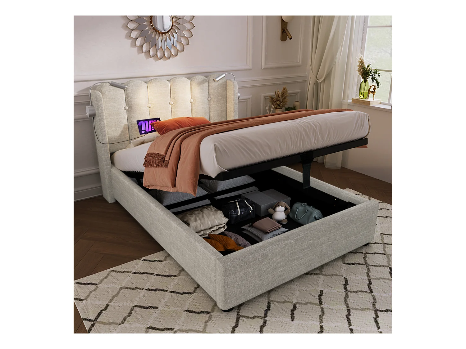 Letto singolo con luce di lettura e funzione di ricarica, struttura in lino beige, contenitore integrato, 90x200x95cm