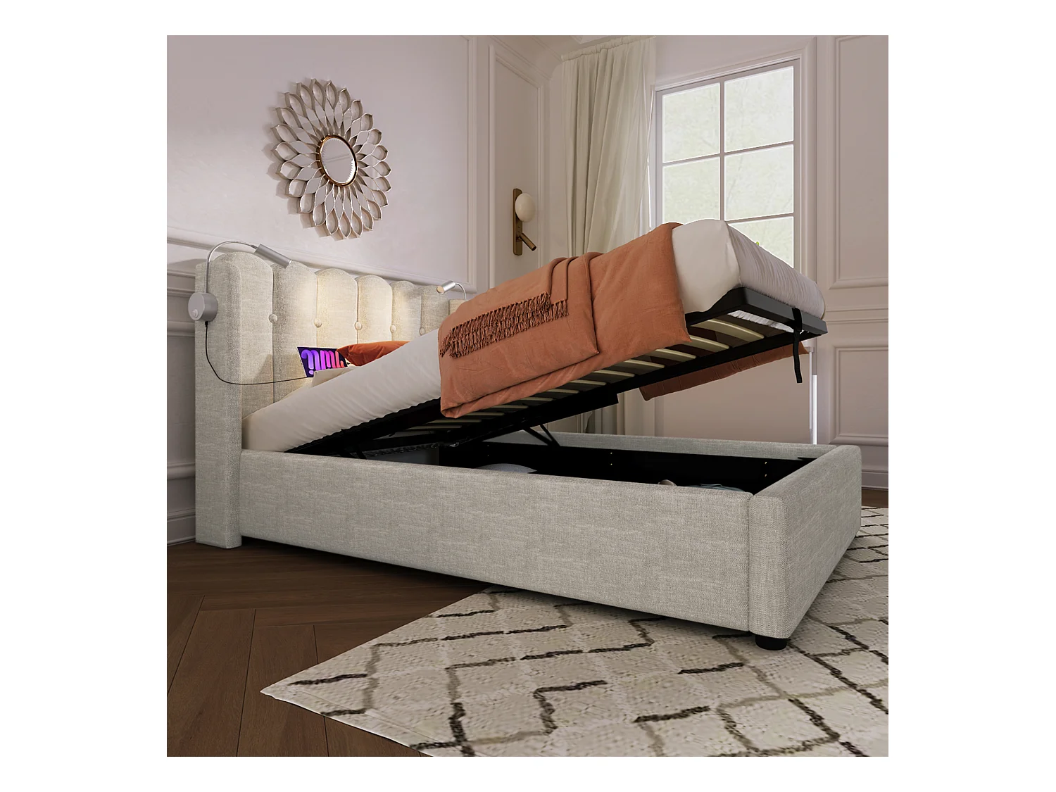 Letto singolo con luce di lettura e funzione di ricarica, struttura in lino beige, contenitore integrato, 90x200x95cm