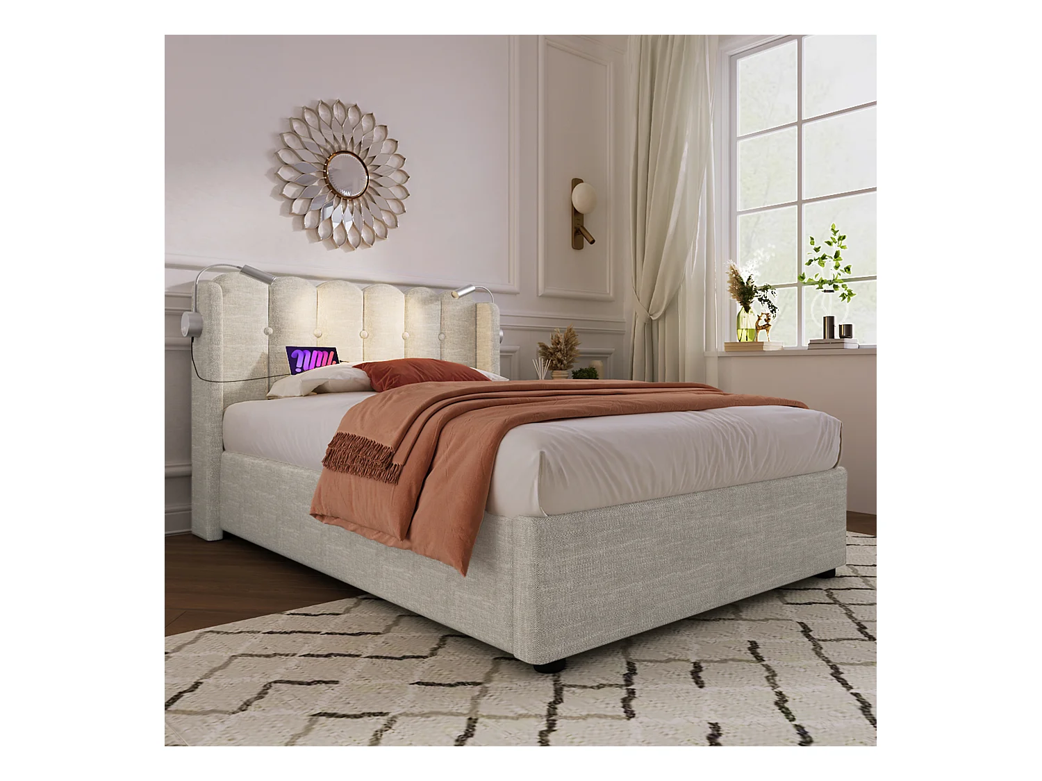 Letto singolo con luce di lettura e funzione di ricarica, struttura in lino beige, contenitore integrato, 90x200x95cm