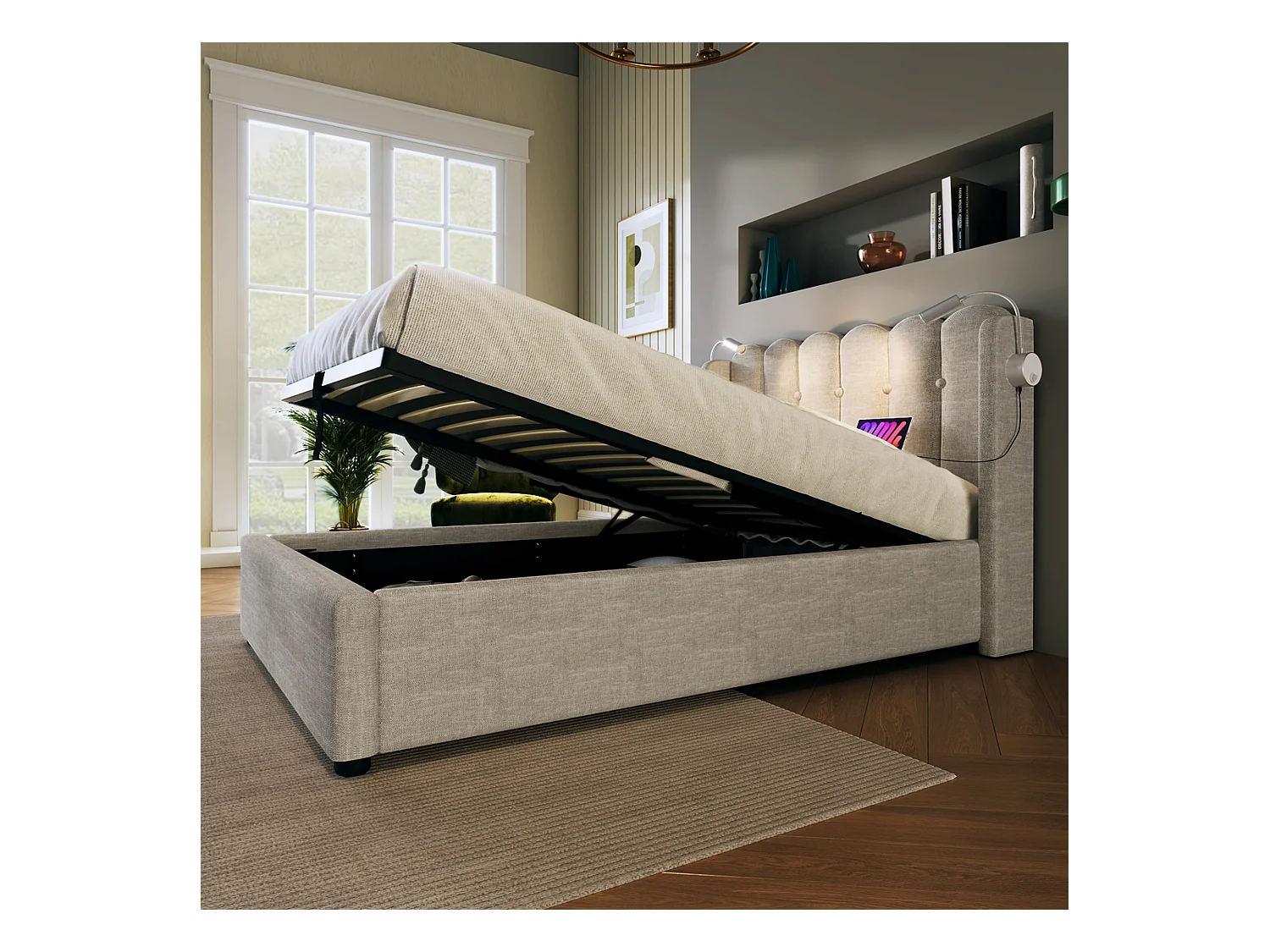 Letto singolo con luce di lettura e funzione di ricarica, struttura in lino beige, contenitore integrato, 90x200x95cm