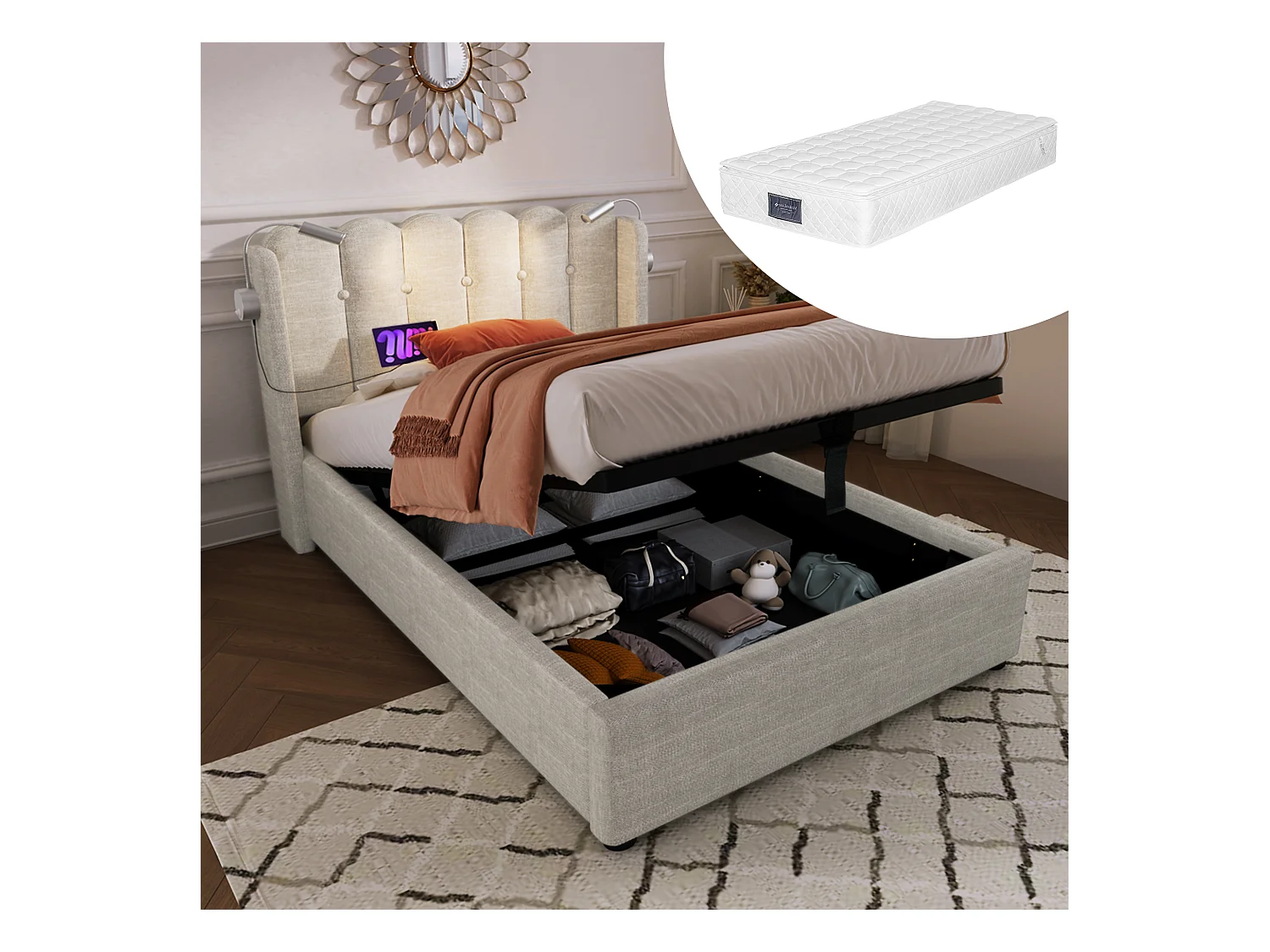 Lit simple avec liseuse et fonction chargeur, structure en lin beige, rangement intégré, 90x200x95cm