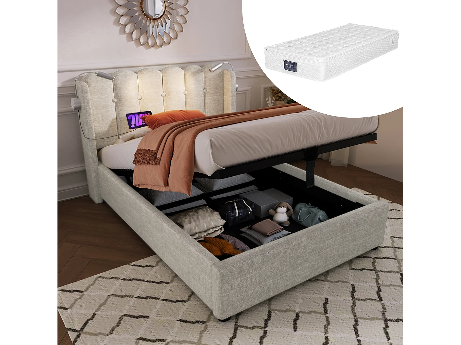 Lit simple avec liseuse et fonction chargeur, structure en lin beige, rangement intégré, 90x200x95cm