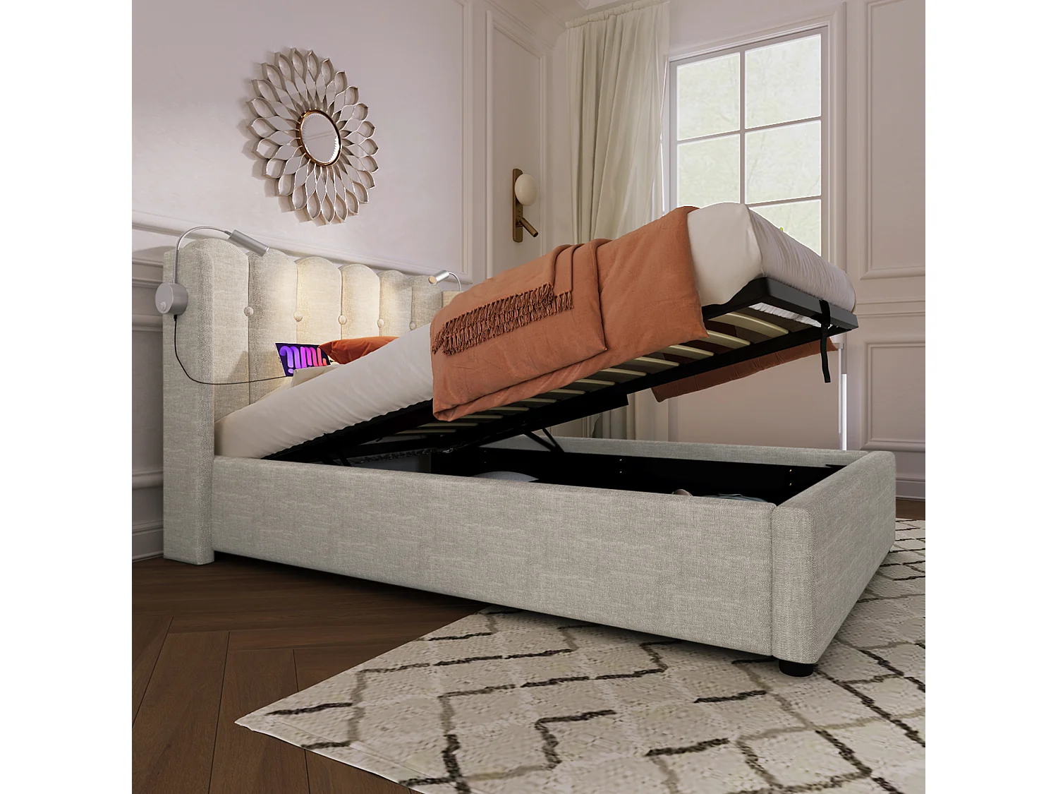 Lit simple avec liseuse et fonction chargeur, structure en lin beige, rangement intégré, 90x200x95cm