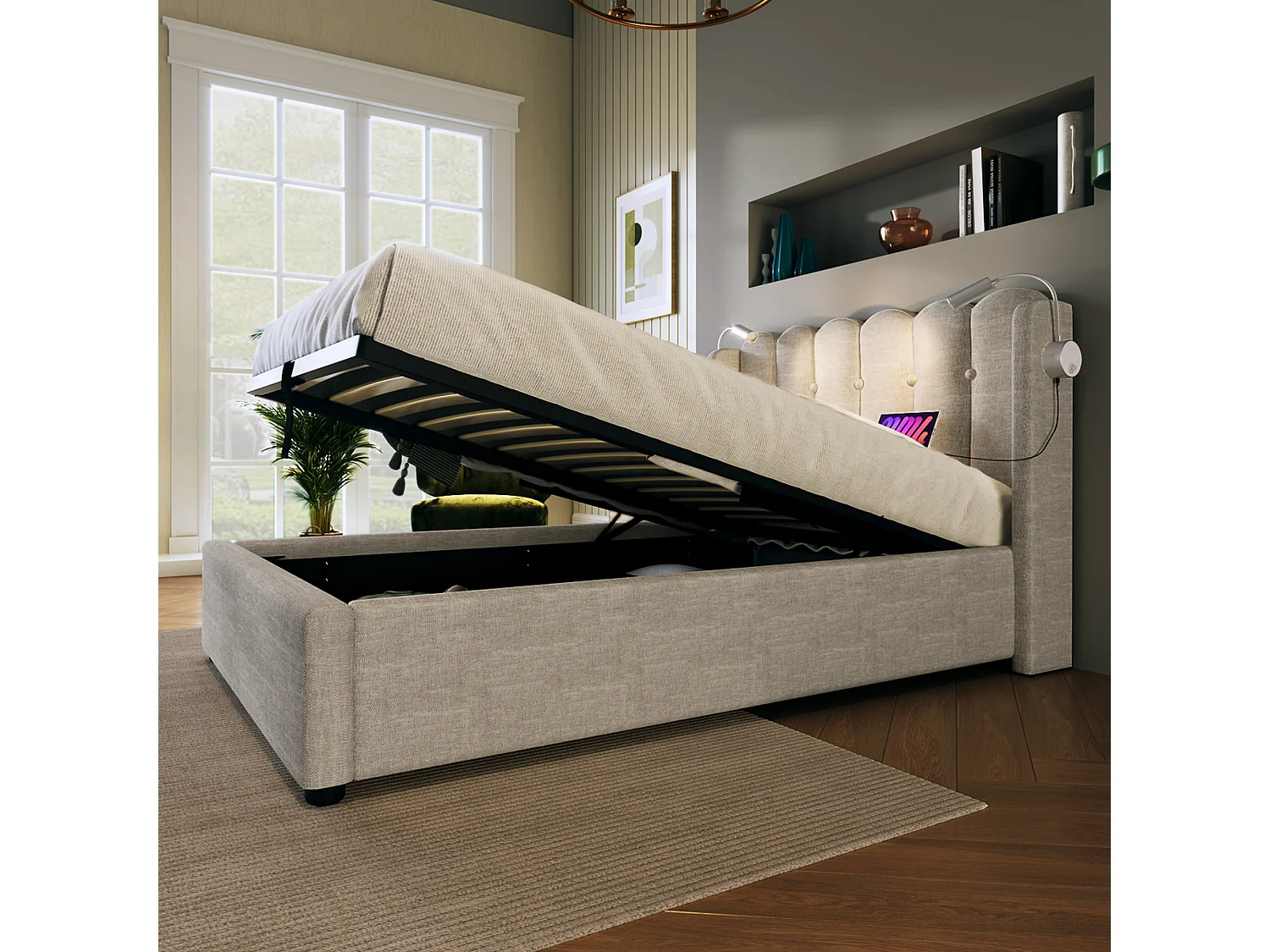 Lit simple avec liseuse et fonction chargeur, structure en lin beige, rangement intégré, 90x200x95cm