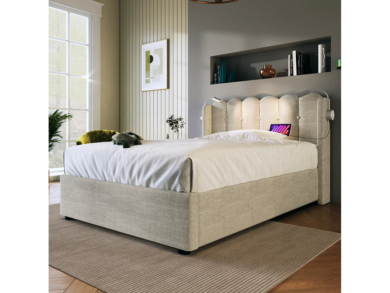 Lit simple avec liseuse et fonction chargeur, structure en lin beige, rangement intégré, 90x200x95cm