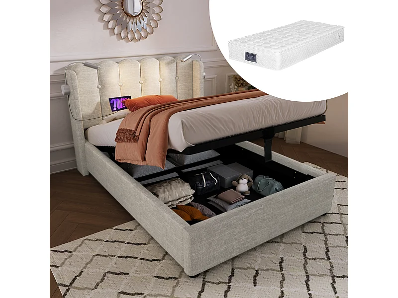 Lit simple avec liseuse et fonction chargeur, structure en lin beige, rangement intégré, 90x200x95cm