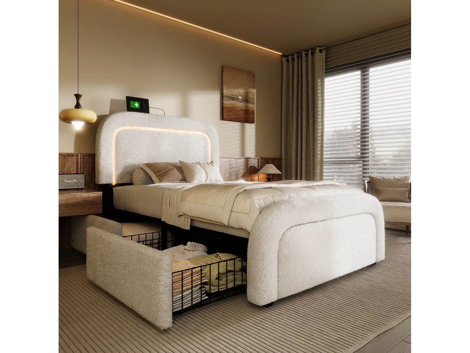 Cama individual con USB Tipo-C, LED integrado, 2 cajones, Sherpa, blanco (100x208x102,5cm)